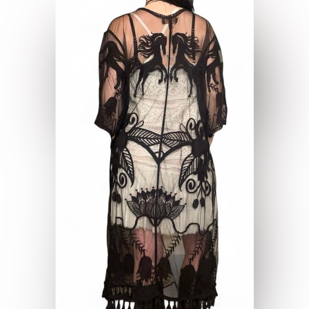 SOLD ! sheer long black whimsical boho cardigan duster with horse and flowers